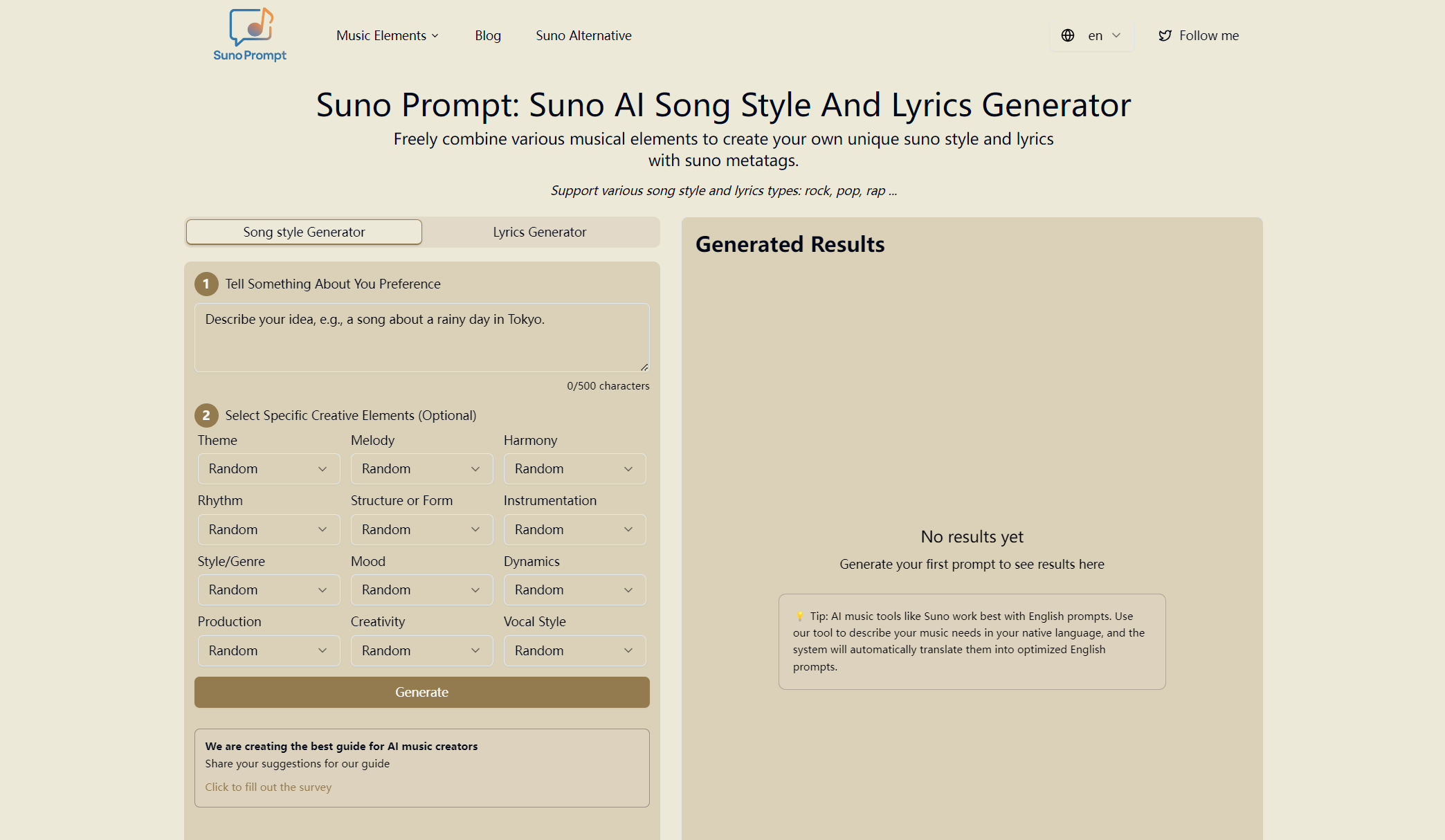 SunoPrompt – Suno AI Song Style and Lyrics Generator