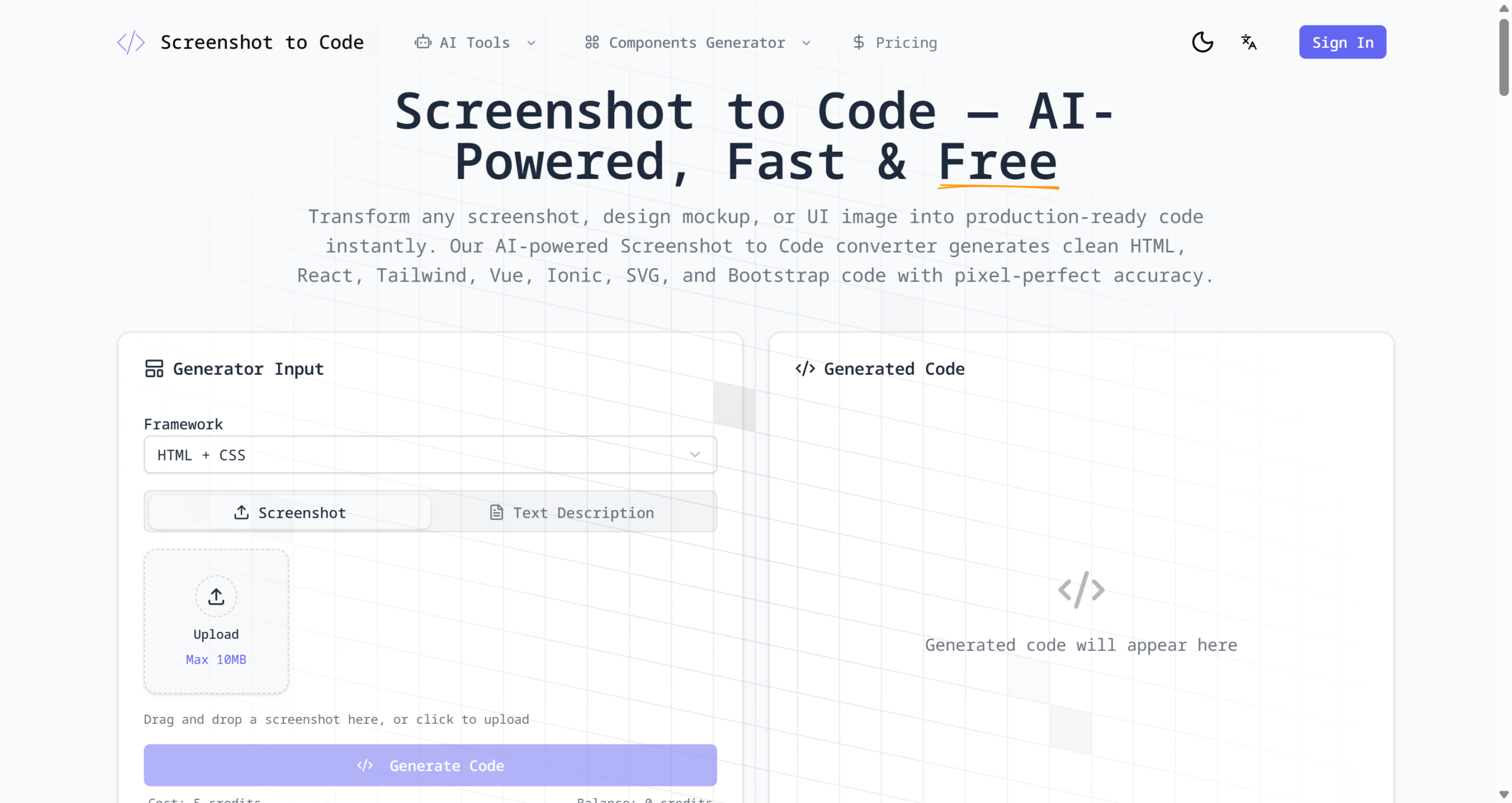 Screenshot to Code AI - Convert Screenshots to HTML, React