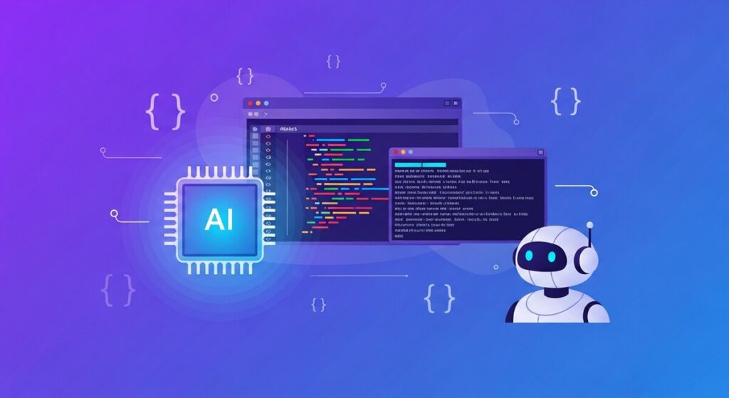 Best AI coding tools illustration — code editor, terminal, AI chip and robot assistant
