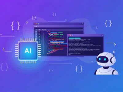 Best AI coding tools illustration — code editor, terminal, AI chip and robot assistant