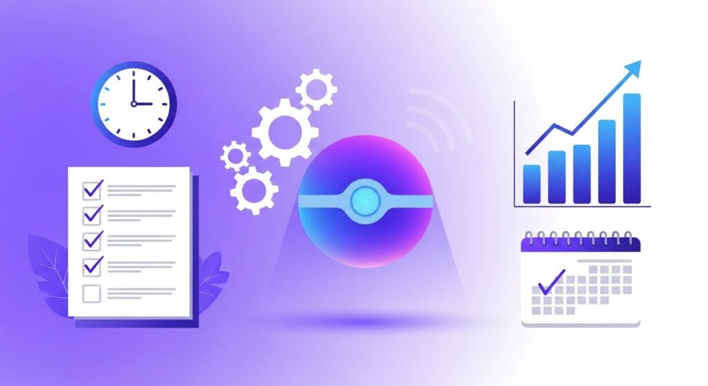 Best AI productivity tools illustration — checklist, clock, gears and efficiency chart