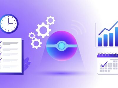 Best AI productivity tools illustration — checklist, clock, gears and efficiency chart
