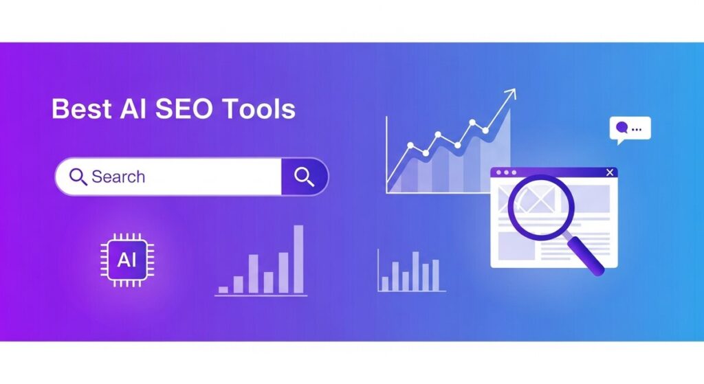 Best AI SEO tools illustration — search bar, ranking graph and AI chip