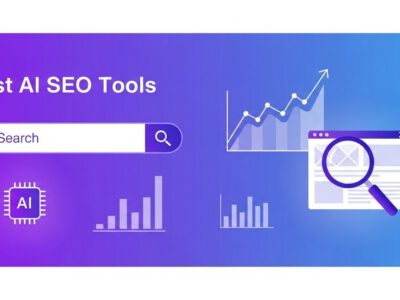 Best AI SEO tools illustration — search bar, ranking graph and AI chip