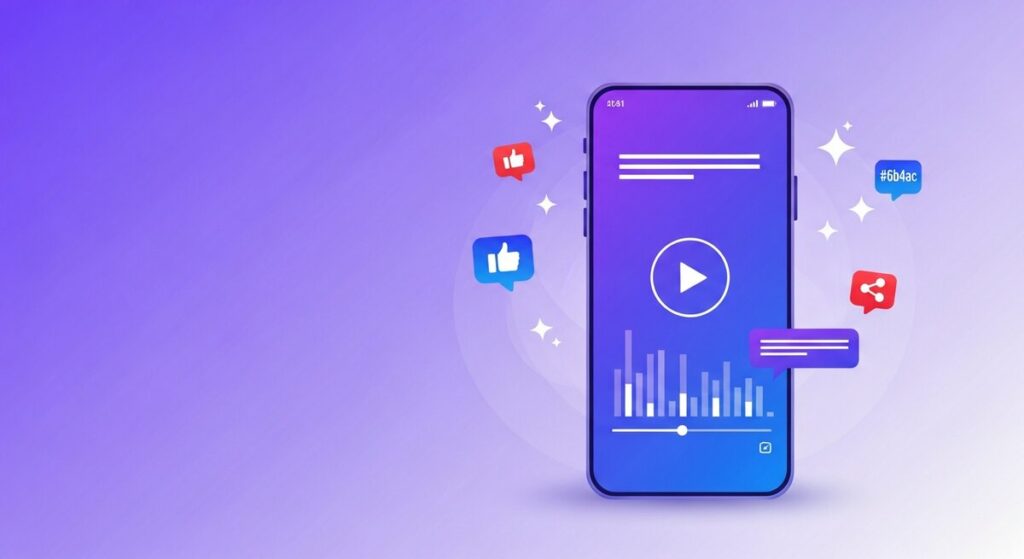 Best AI social media tools illustration — smartphone showing a vertical video reel