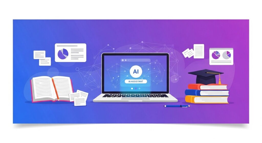 Best AI tools for students illustration — laptop with AI assistant, books and graduation cap