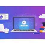 Best AI tools for students illustration — laptop with AI assistant, books and graduation cap