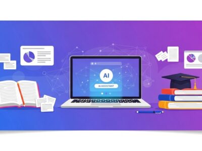 Best AI tools for students illustration — laptop with AI assistant, books and graduation cap
