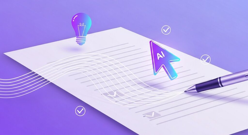 Best AI writing tools illustration — document with text, pen and AI cursor
