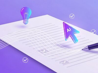 Best AI writing tools illustration — document with text, pen and AI cursor